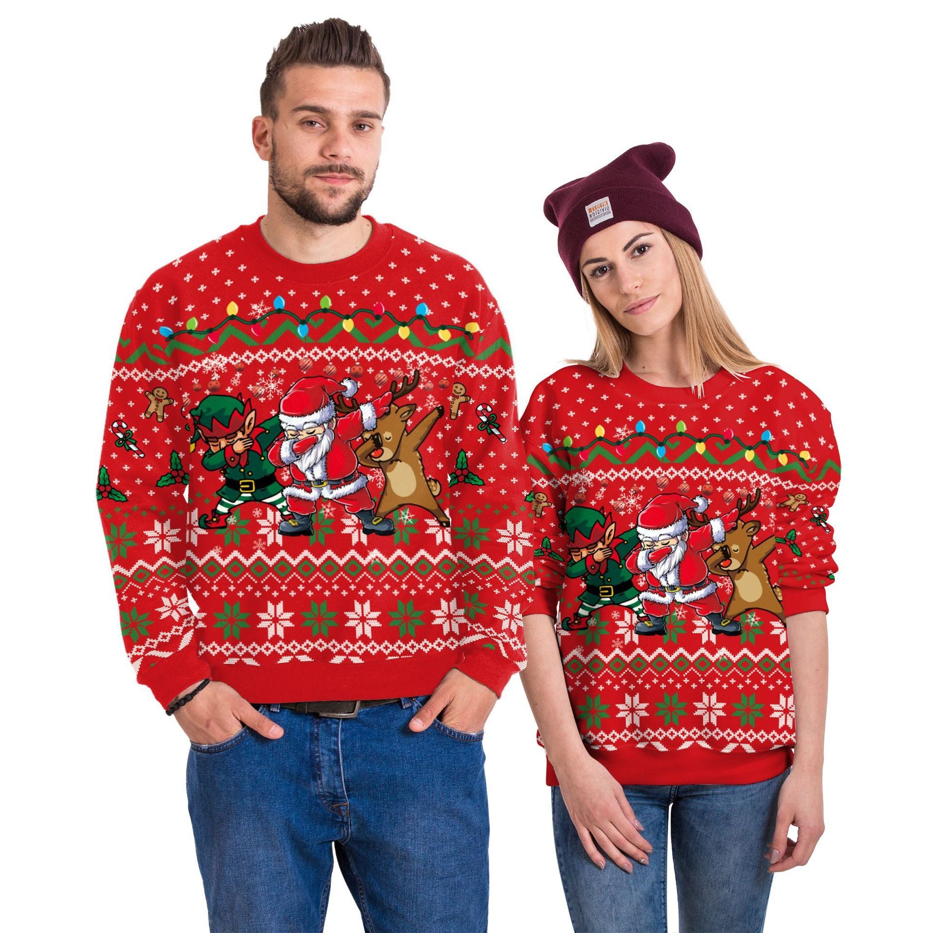 Two people wearing festive red sweaters with Christmas designs on a white background