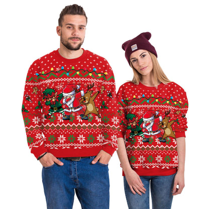Two people wearing festive red sweaters with Christmas designs on a white background