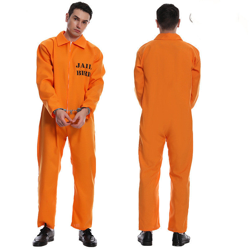 Orange jumpsuit with 'JAIL BIRD' text worn by a person, shown from front and back on a white background.