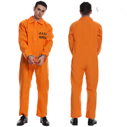 Orange jumpsuit with 'JAIL BIRD' text worn by a person, shown from front and back on a white background.