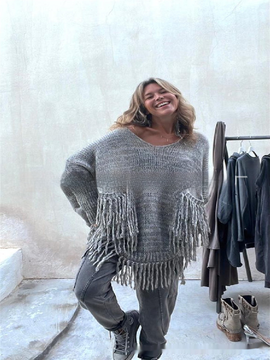 Elegant Tassel Trim Knitted Sweater