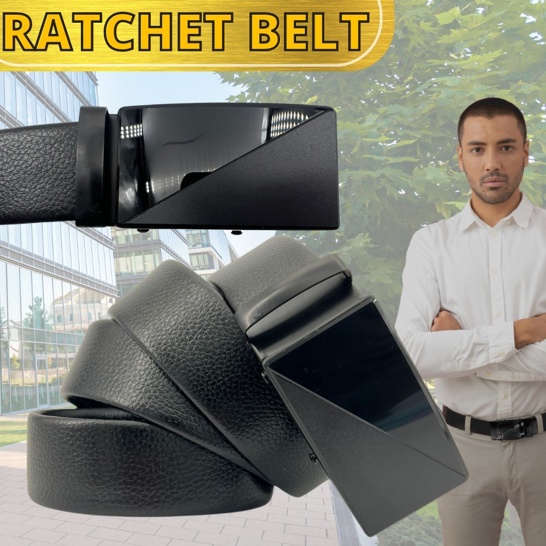 Classic Black Microfiber PU Leather Ratchet Belt with Adjustable Buckle