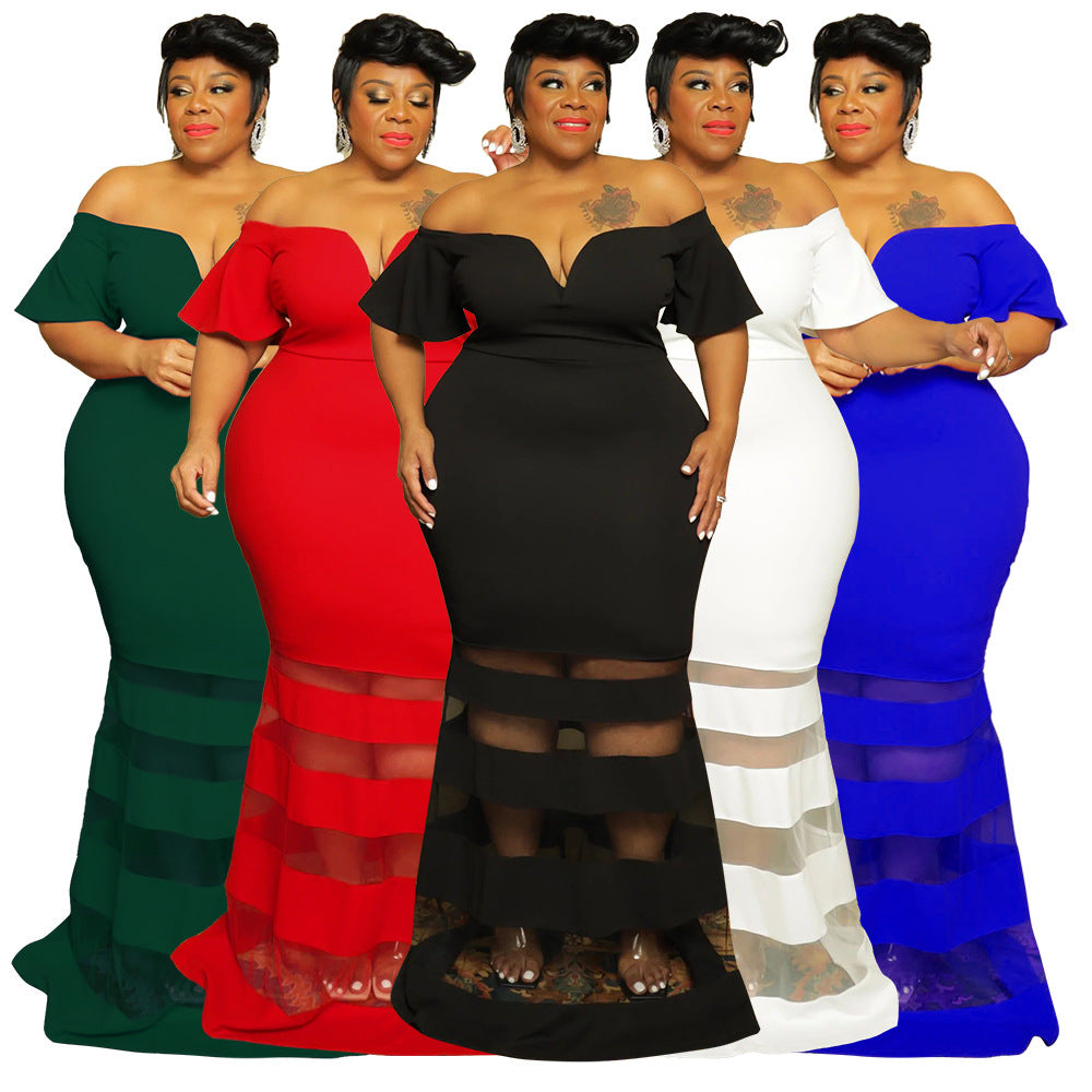 Sheer Charm V-Neck Evening Dress - Plus Size Fashion