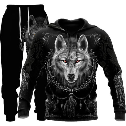 Wolf Graphic Two-Piece Tracksuit for Men – Outdoor Sportswear Set