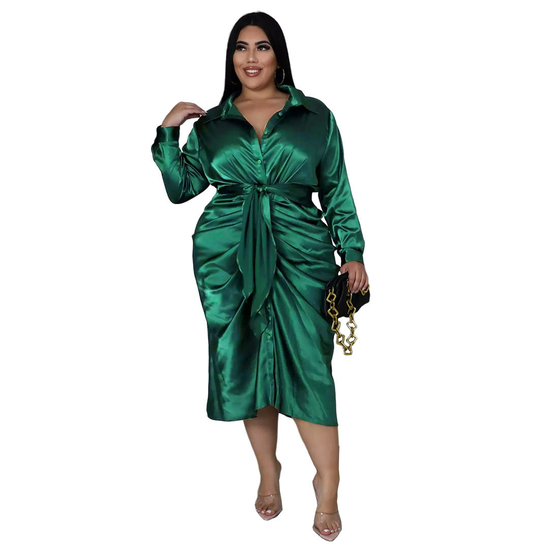 Elegant Reflective Silk Pleated Shirt Dress - Plus Size, Lace-up Design