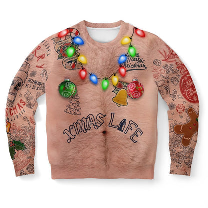 Sweater with Christmas-themed designs and text on a white background